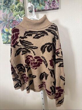 St John’s Bay Turtleneck Floral Pattern Sweater - Beige & Burgundy